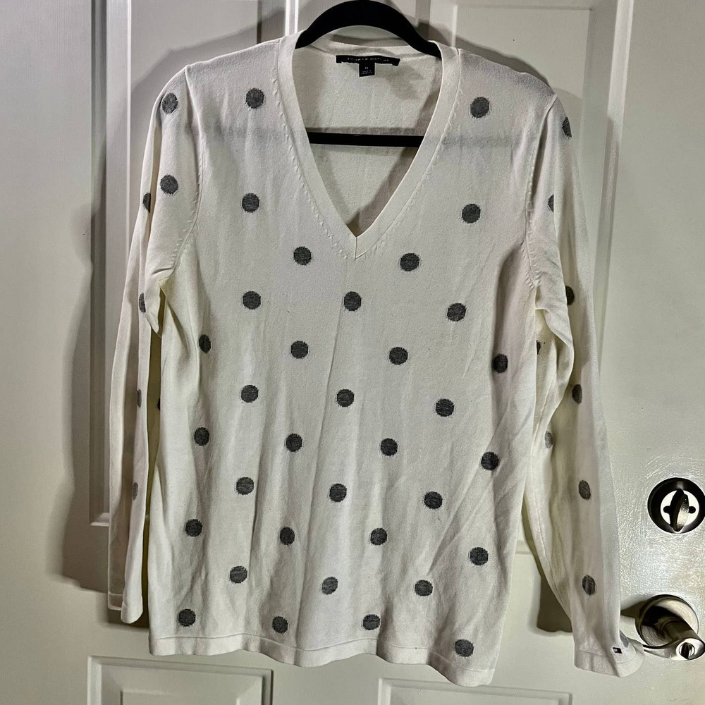 Tommy Hilfiger SZ M White & Silver Polka Dot Front 100% Cotton V Neck Sweater